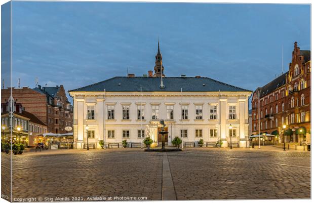 the town hall reflecting in the cobbled square at night Canvas Print by Stig Alenäs