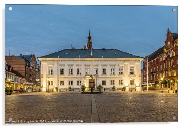 the town hall reflecting in the cobbled square at night Acrylic by Stig Alenäs