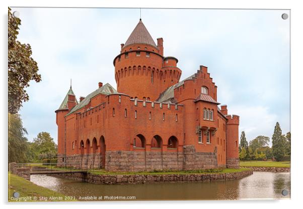 a romantic red castle with a tall tower surrounded by a moat Acrylic by Stig Alenäs