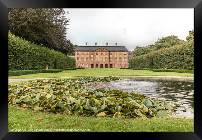 fountain and pond in front of the big manor house and park of Ov Framed Print by Stig Alenäs
