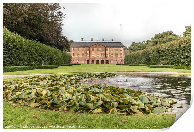 fountain and pond in front of the big manor house and park of Ov Print by Stig Alenäs