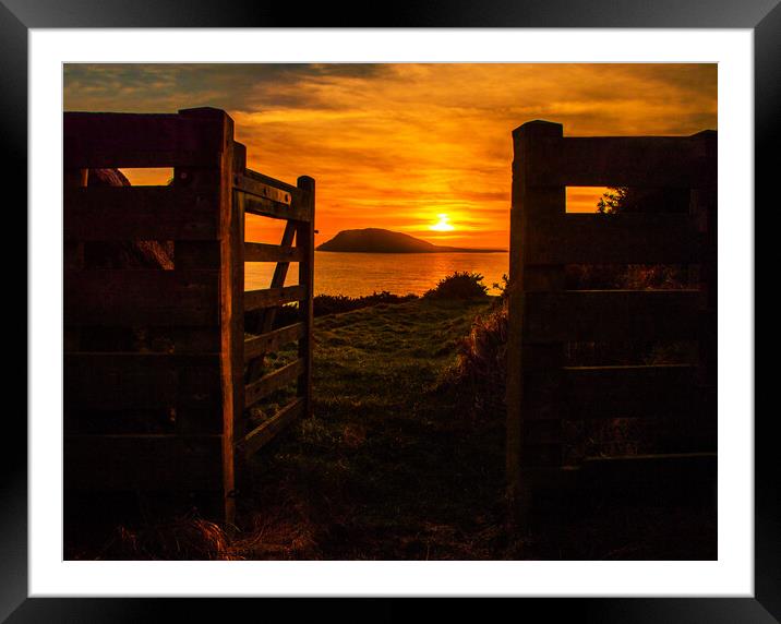 Sunset through the gate over Bardsey Island Framed Mounted Print by Dafydd Emyr Jones