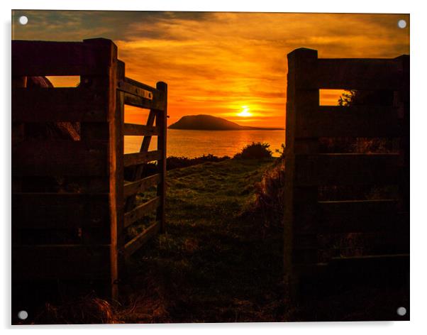 Sunset through the gate over Bardsey Island Acrylic by Dafydd Emyr Jones