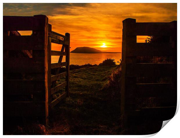 Sunset through the gate over Bardsey Island Print by Dafydd Emyr Jones