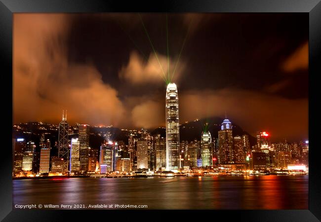 Hong Kong Harbor at Night Lightshow from Kowloon Framed Print by William Perry