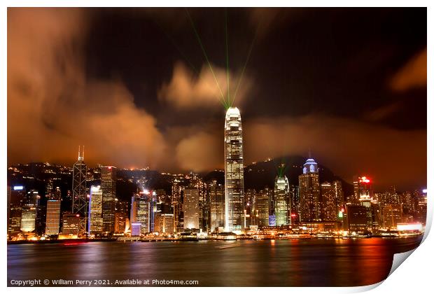 Hong Kong Harbor at Night Lightshow from Kowloon Print by William Perry