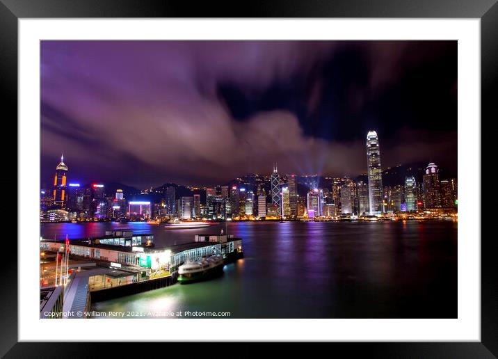 Hong Kong Harbor at Night from Kowloon Ferry Framed Mounted Print by William Perry