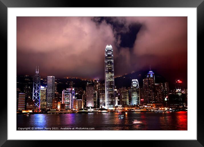 Hong Kong Harbor at Night from Kowloon Framed Mounted Print by William Perry
