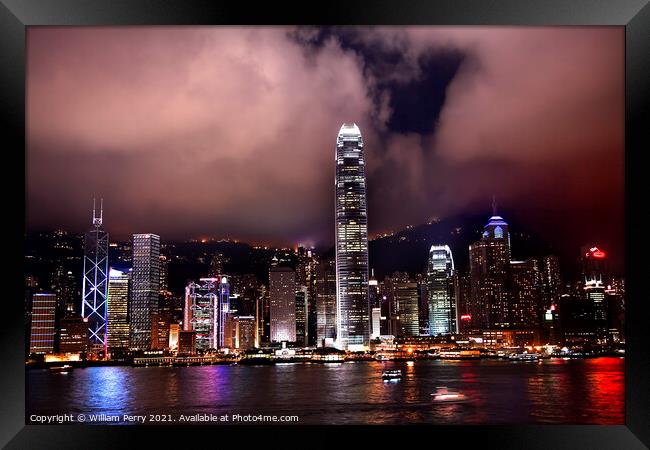 Hong Kong Harbor at Night from Kowloon Framed Print by William Perry