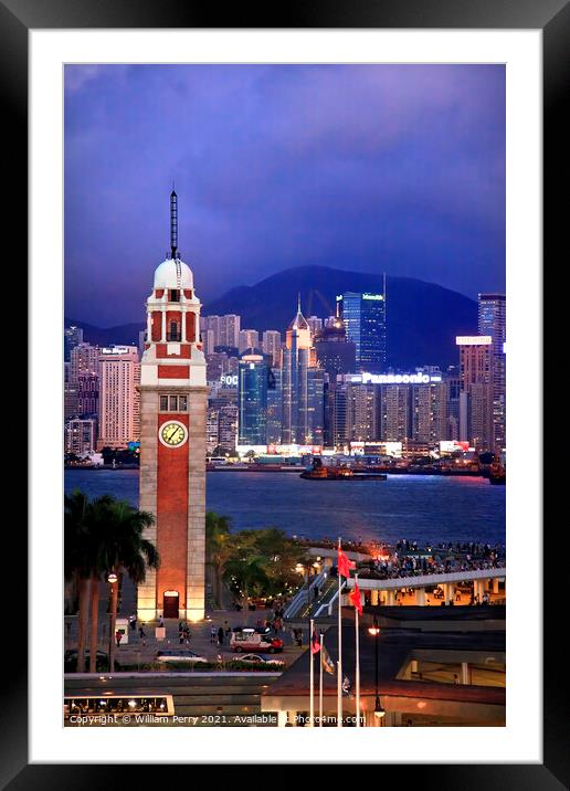 Hong Kong Clock Tower and Harbor at Night from Kowloon Ferry Framed Mounted Print by William Perry