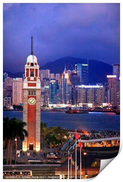 Hong Kong Clock Tower and Harbor at Night from Kowloon Ferry Print by William Perry