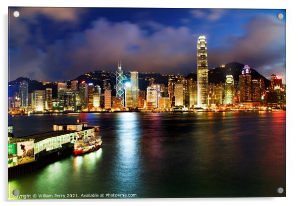 Hong Kong Harbor at Night from Kowloon Ferry Acrylic by William Perry