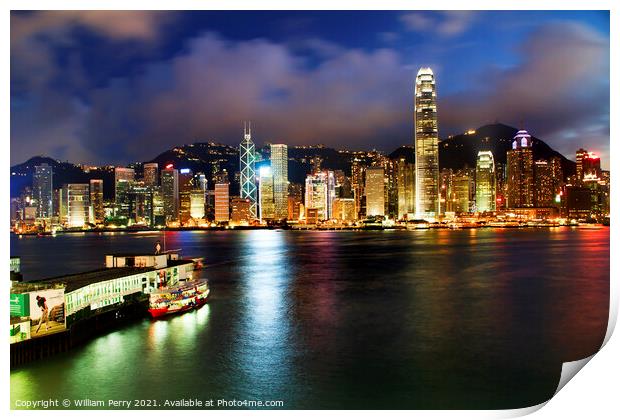 Hong Kong Harbor at Night from Kowloon Ferry Print by William Perry