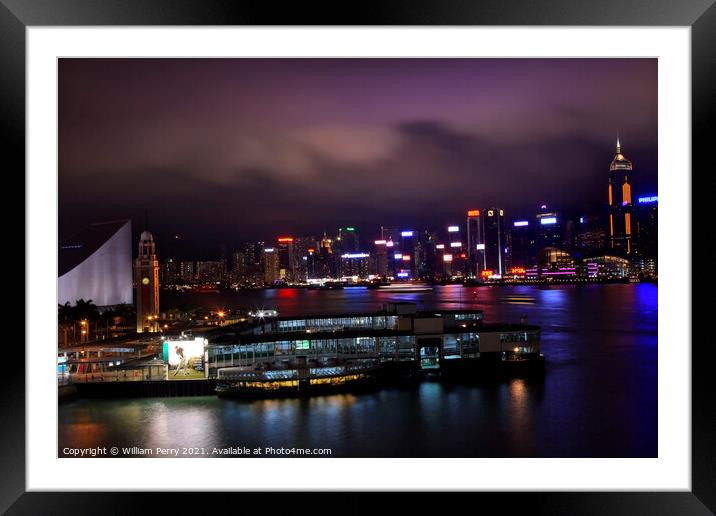 Hong Kong Harbor Clock Tower at Night from Kowloon Star Ferry Framed Mounted Print by William Perry