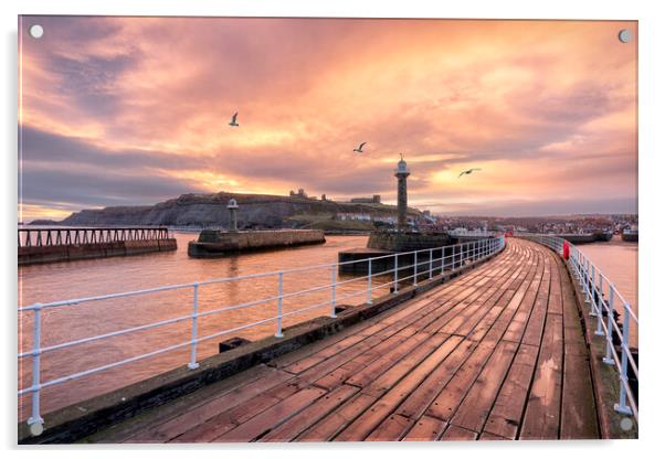 Whitby Pier Sunrise Acrylic by David Semmens