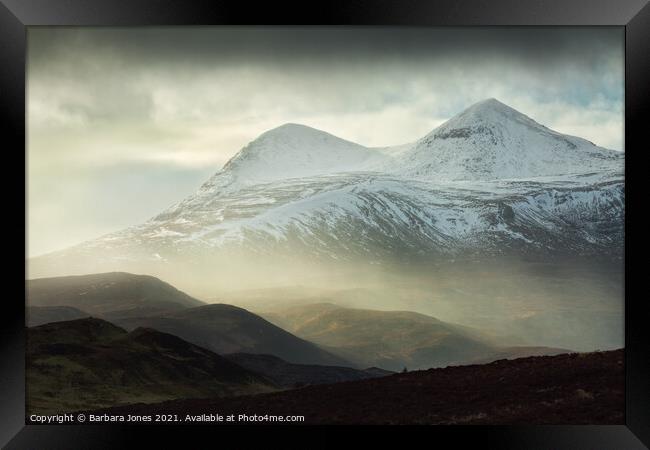 Cul Mor Snowstorm Elphin Assynt NC500 Scotland. Framed Print by Barbara Jones