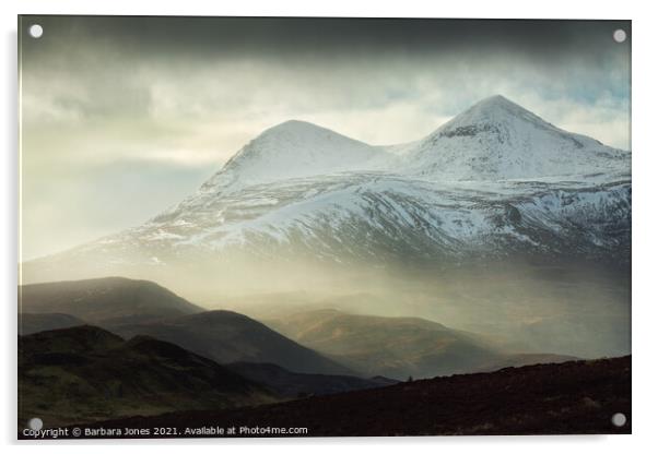 Cul Mor Snowstorm Elphin Assynt NC500 Scotland. Acrylic by Barbara Jones