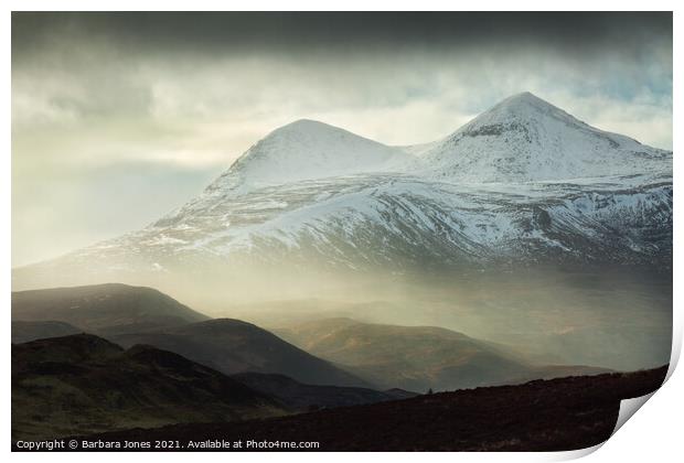 Cul Mor Snowstorm Elphin Assynt NC500 Scotland. Print by Barbara Jones