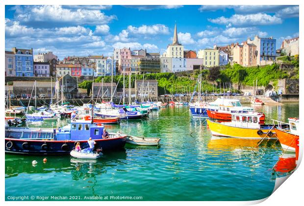 Charming Tenby Harbour Print by Roger Mechan