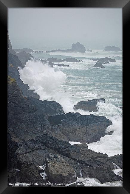 crashing waves on cornish coast Framed Print by michelle rook
