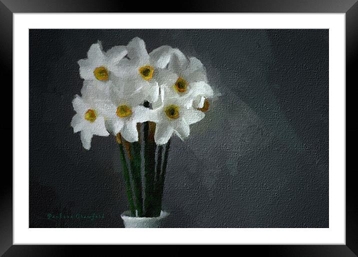White Daffodils in Vase Plant flower Framed Mounted Print by PAULINE Crawford