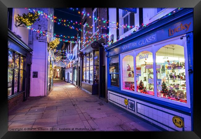 Christmas Lights in Sandgate street, Whitby, North Yorkshire Framed Print by Martin Williams