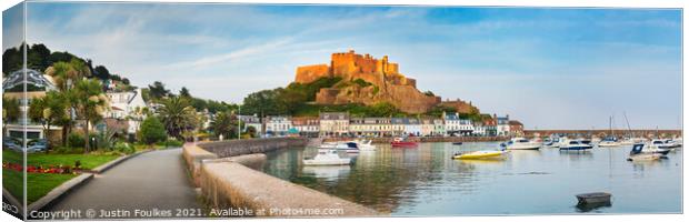 Mont Orgueil and the harbour, Gorey, Jersey, Channel Islands Canvas Print by Justin Foulkes