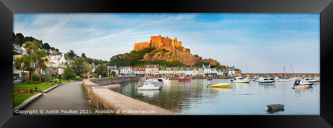 Mont Orgueil and the harbour, Gorey, Jersey, Channel Islands Framed Print by Justin Foulkes