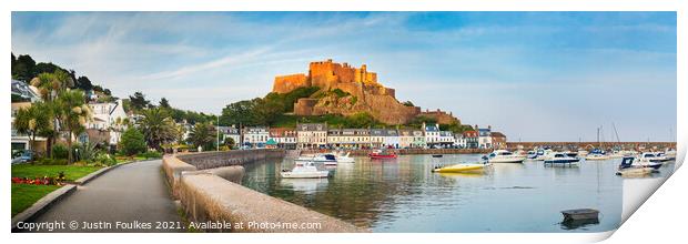Mont Orgueil and the harbour, Gorey, Jersey, Channel Islands Print by Justin Foulkes
