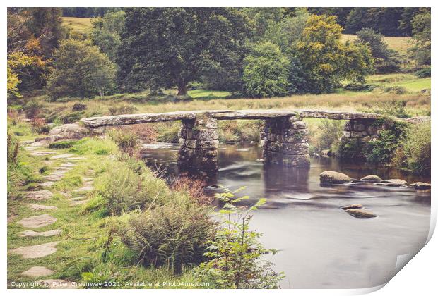 The Ancient 'Clapper Bridge' At Packbridge, Dartmoor, Devon Print by Peter Greenway