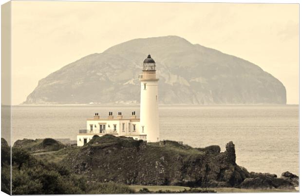 Turnberry lighthouse and Ailsa Craig (sepia) Canvas Print by Allan Durward Photography
