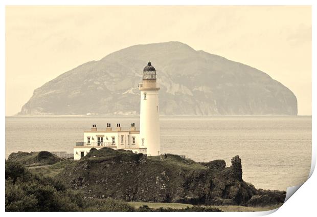 Turnberry lighthouse and Ailsa Craig (sepia) Print by Allan Durward Photography