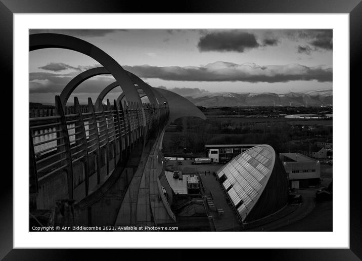 The falkirk wheel from the top in black and white Framed Mounted Print by Ann Biddlecombe