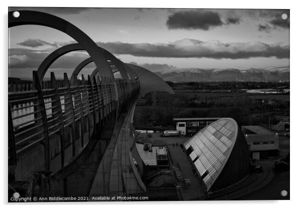 The falkirk wheel from the top in black and white Acrylic by Ann Biddlecombe