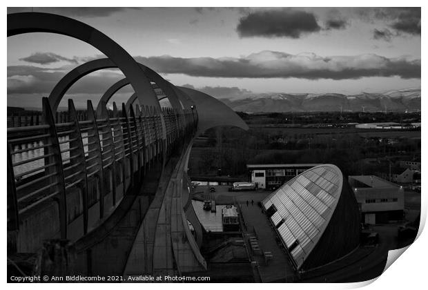 The falkirk wheel from the top in black and white Print by Ann Biddlecombe