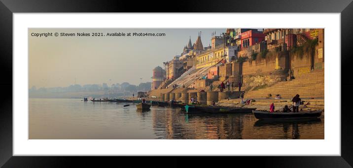 Tranquil sunrise on the sacred Ganges Framed Mounted Print by Steven Nokes