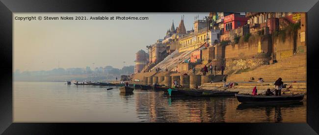 Tranquil sunrise on the sacred Ganges Framed Print by Steven Nokes