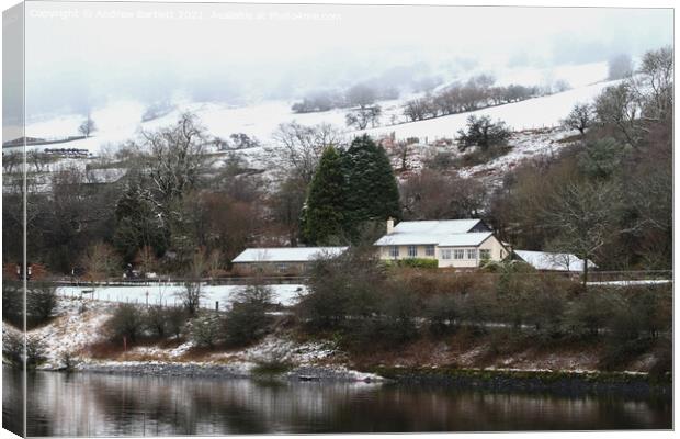 Snowy scenes at Pontsticill reservoir, Merthyr Tydfil, South Wales, UK Canvas Print by Andrew Bartlett