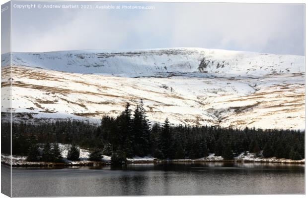 Snow at Beacons reservoir, South Wales, UK Canvas Print by Andrew Bartlett