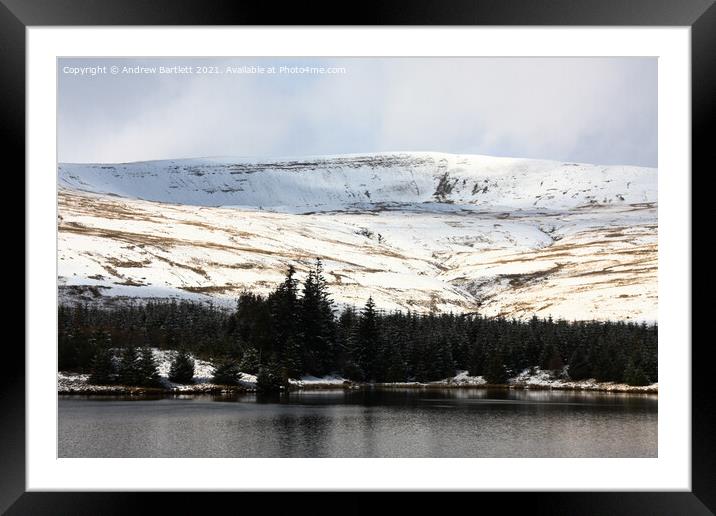 Snow at Beacons reservoir, South Wales, UK Framed Mounted Print by Andrew Bartlett