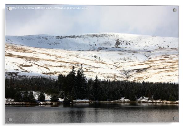 Snow at Beacons reservoir, South Wales, UK Acrylic by Andrew Bartlett