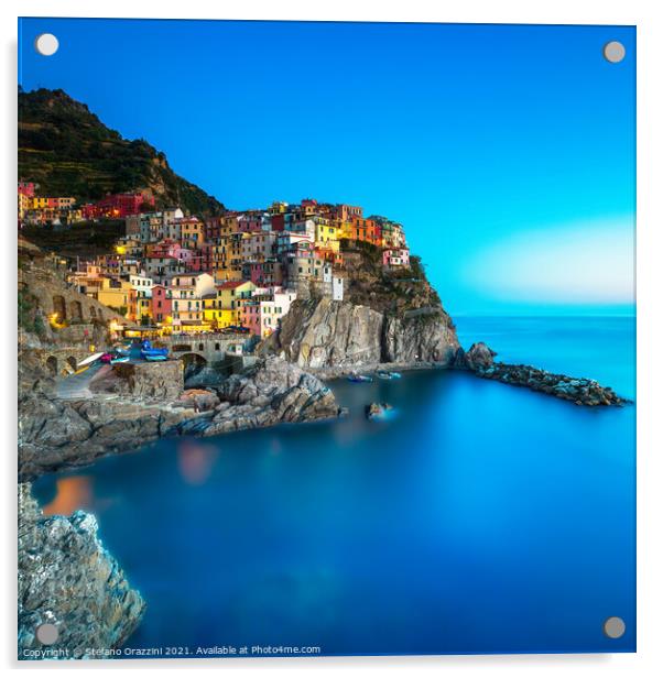 Manarola village, rocks and sea. Cinque Terre, Italy Acrylic by Stefano Orazzini