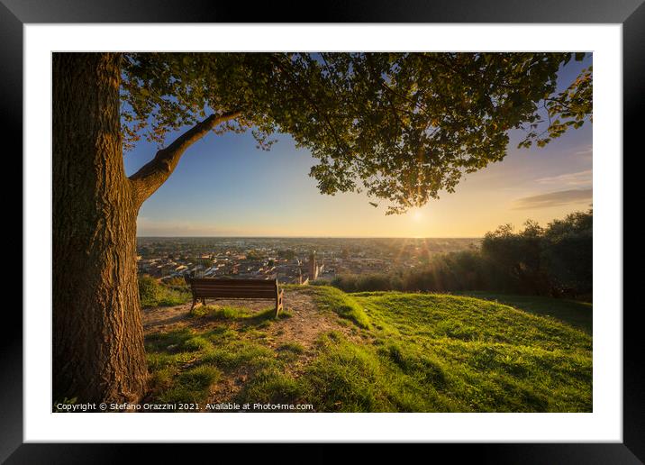 Tree, bench and Pietrasanta village aerial view at sunset, Italy Framed Mounted Print by Stefano Orazzini