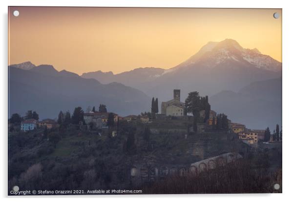 Barga town and Alpi Apuane mountains in winter. Tuscany Acrylic by Stefano Orazzini