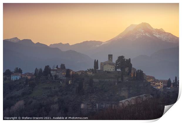 Barga town and Alpi Apuane mountains in winter. Tuscany Print by Stefano Orazzini