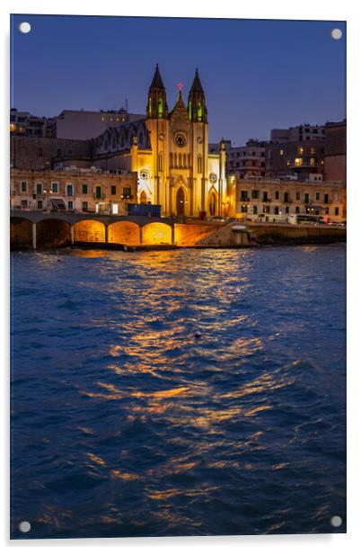 Balluta Bay in St Julian Town in Malta at Night Acrylic by Artur Bogacki