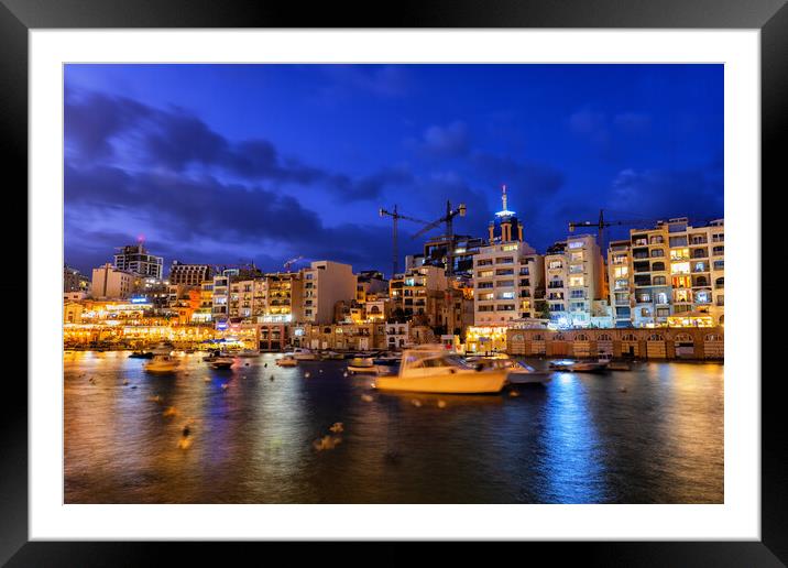 Paceville in St Julian Town at Night in Malta Framed Mounted Print by Artur Bogacki