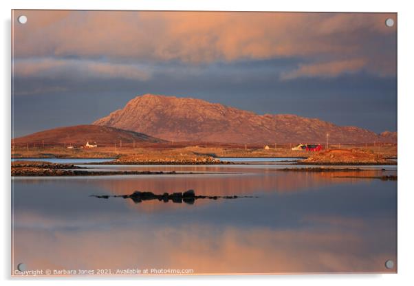 Eaval at Sunset  North Uist Western Isles Scotland Acrylic by Barbara Jones