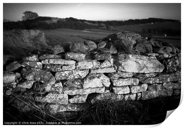 Cotswolds, late sun on a cotswold stone wall Print by Chris Rose