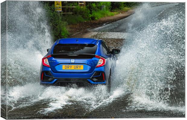 Blue Honda Civic conquers flooded Ford Canvas Print by Martin Day